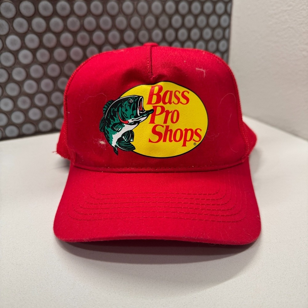 Bass Pro Shops Hat Cap Snap Back Adult Red Fishing Camping Hiking Trucker Mesh